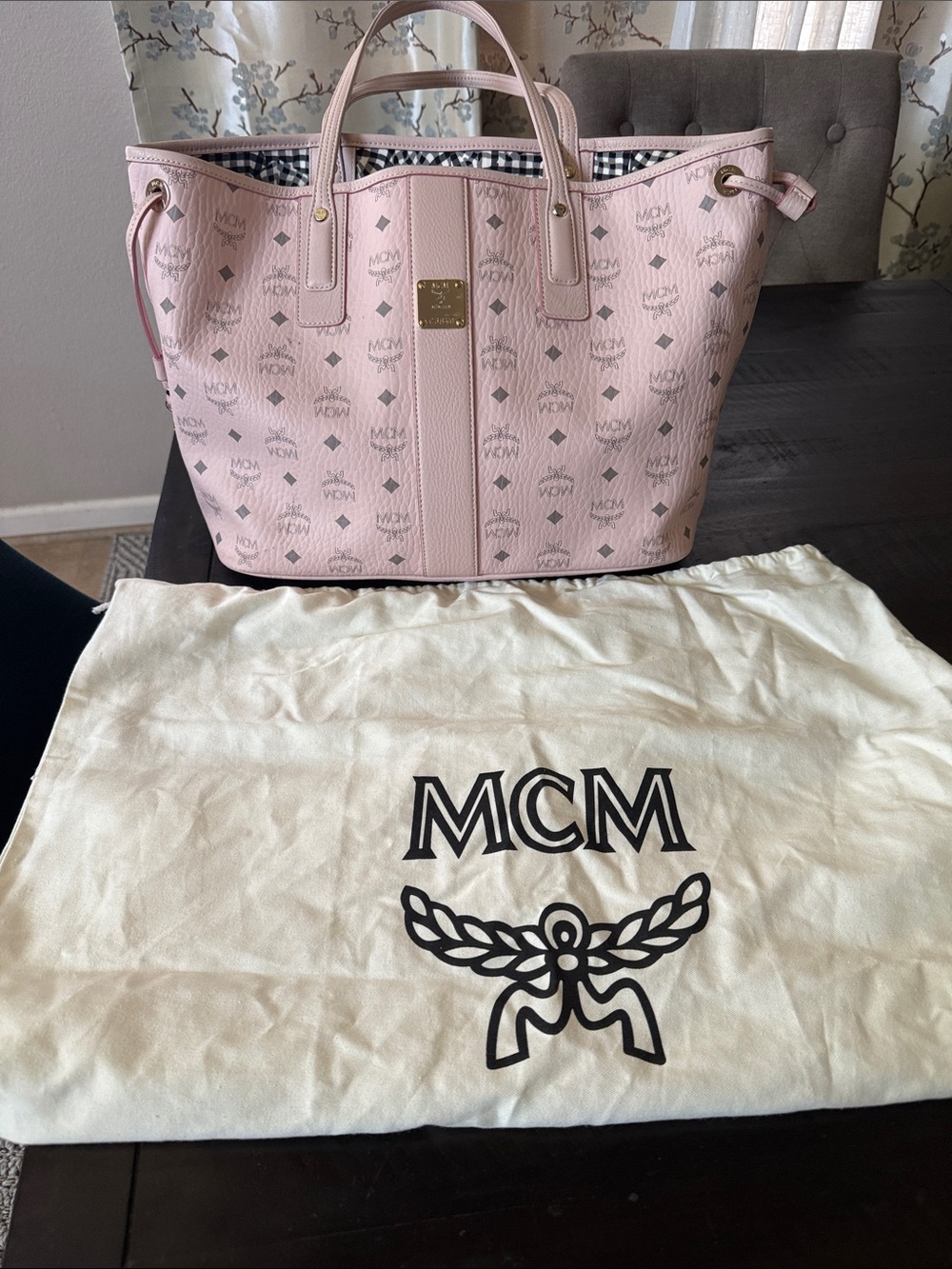 100% Authentic reversible MCM Pink Logo Monogram Tote Bag with Gold Plaque